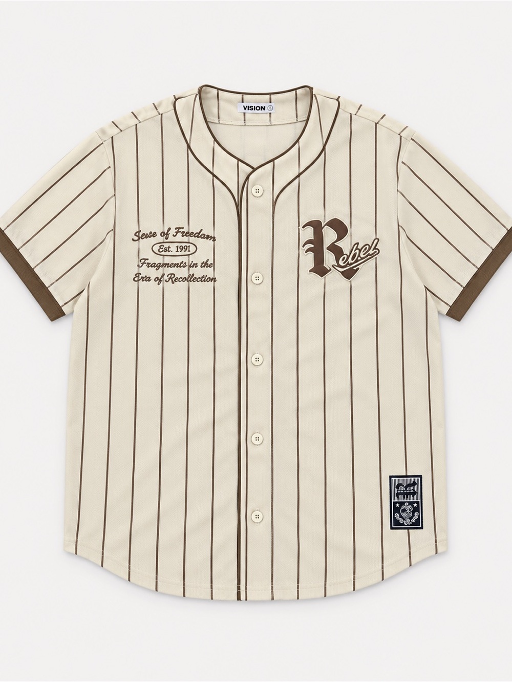 Fashion Nova Cream Baseball Jersey with Brown Pinstripes